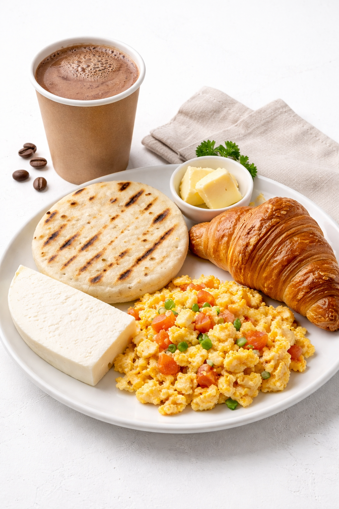 DESAYUNO TRADICIONAL AREPA-HUEVOS-QUESITO-CROISSANT-MANTEQUILLA-CHOCOLATE